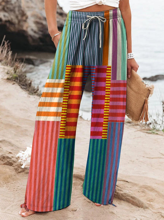 Women's Colorful Patchwork Striped Wide Leg Pants – Relaxed Fit Lightweight Casual Trousers