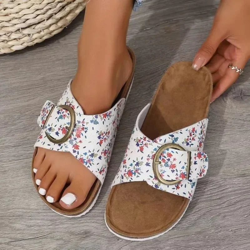Women’s Cork Footbed Slide Sandals with Buckle Strap and Cross Design