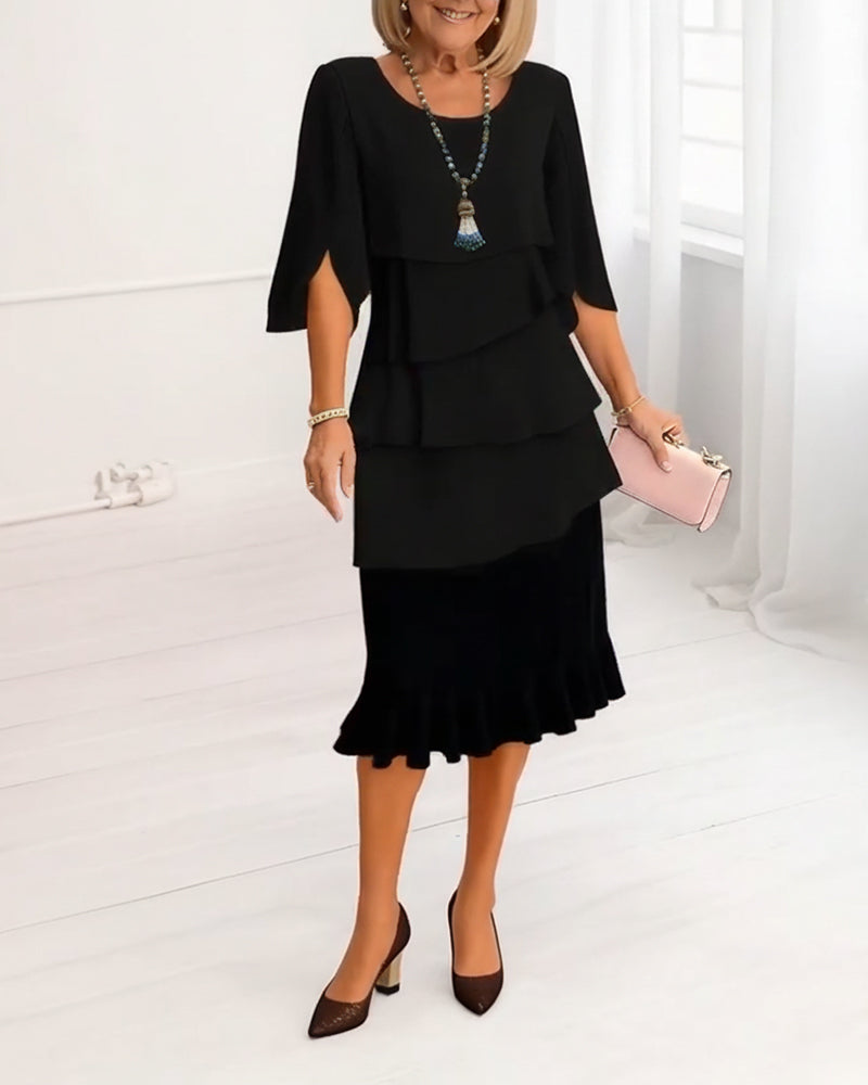Women's Elegant Midi Dress with Ruffle Layers and Split Sleeves