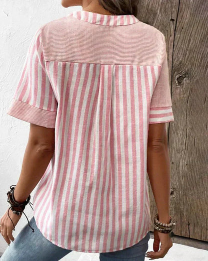 Women's Striped Button V-Neck Blouse Relaxed Fit Lightweight Casual Summer Top