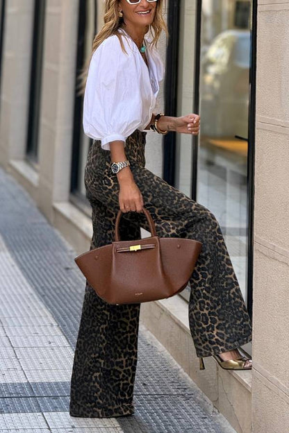 Women’s High Waist Leopard Wide Leg Pants with Flowing Fit