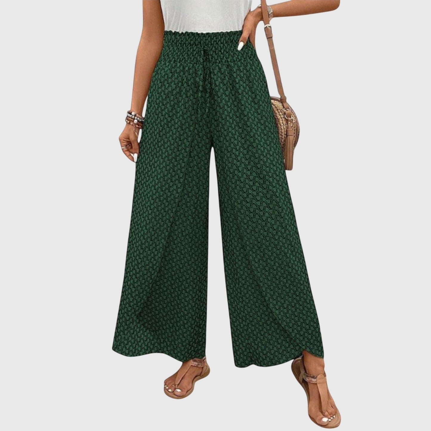 Women’s Wide Leg Printed Pants with Pull-On Waist and Flowing Fit