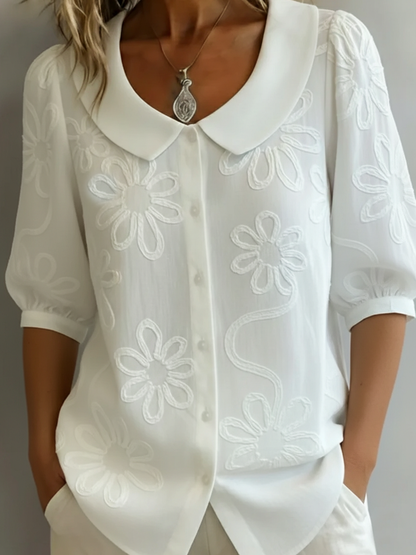 Women's Floral Embroidered Blouse with Peter Pan Collar