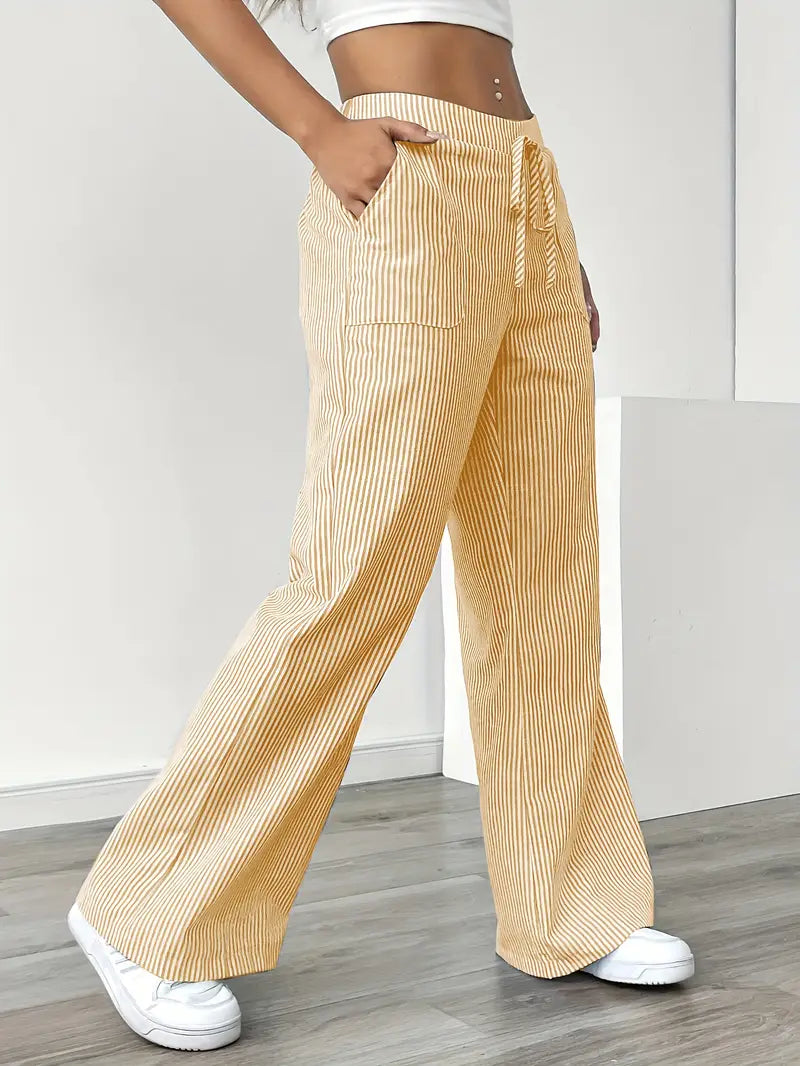 Women’s Wide Leg Striped Pants with Elastic Waist and Drawstring