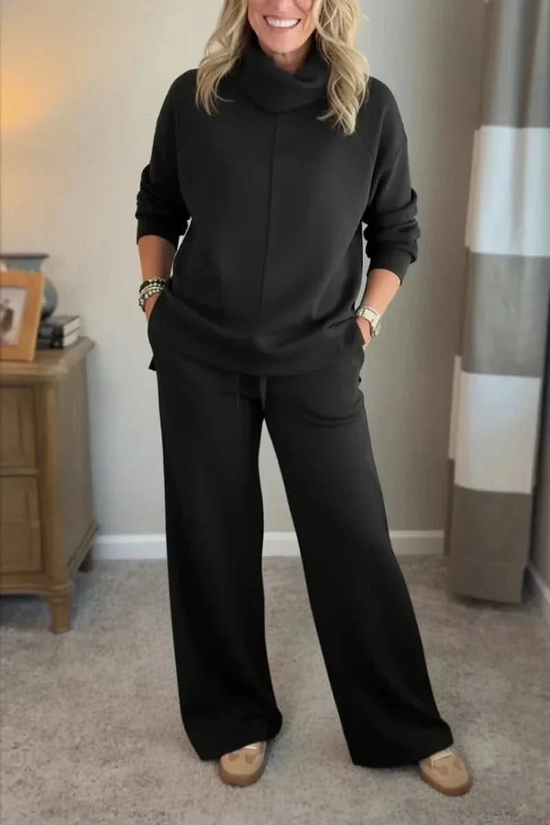 Women's Turtleneck Loungewear Set with Wide Leg Pants Cozy Two Piece
