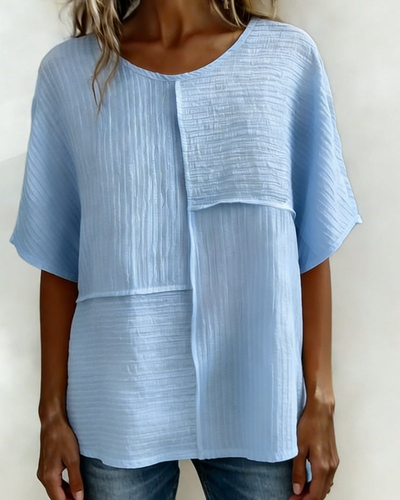 Women's Textured Patchwork Top with Round Neck and Short Sleeves