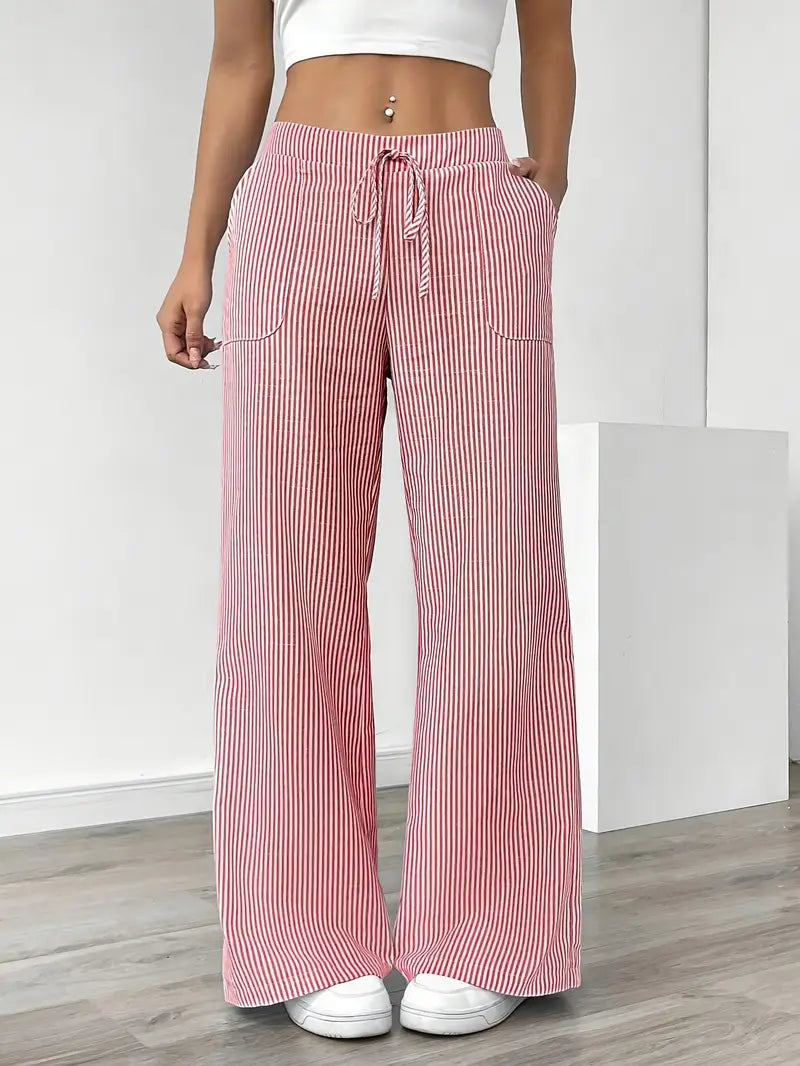 Women’s Wide Leg Striped Pants with Elastic Waist and Drawstring