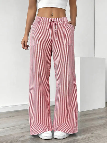 Women’s Wide Leg Striped Pants with Elastic Waist and Drawstring