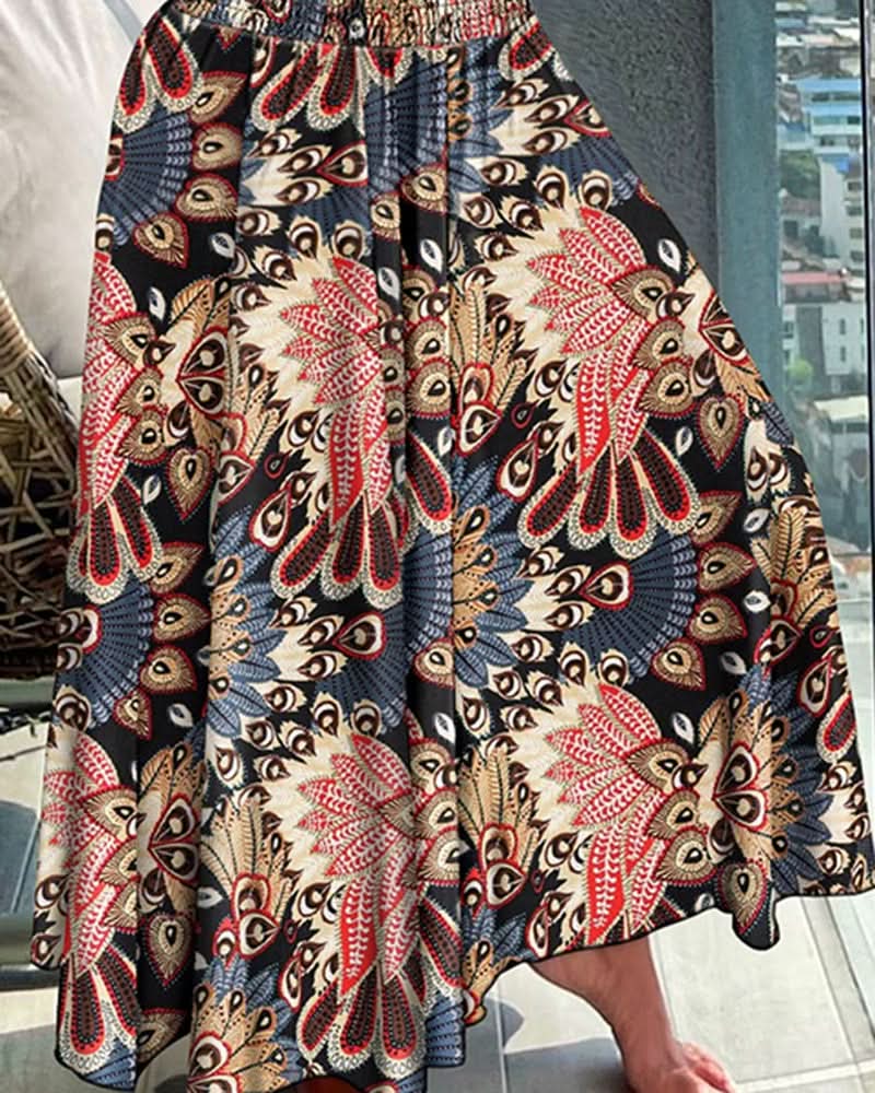 Women’s Floral Pleated Midi Skirt with Elastic Waist and Flowing Fit