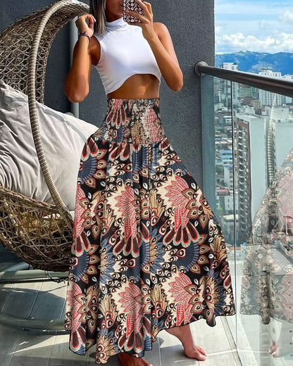 Women’s Floral Pleated Midi Skirt with Elastic Waist and Flowing Fit