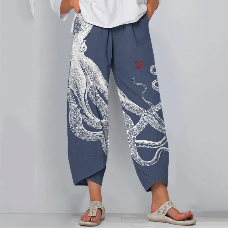 Women's Octopus Print Wide Leg Pants – Relaxed Fit Lightweight Casual Summer Trousers