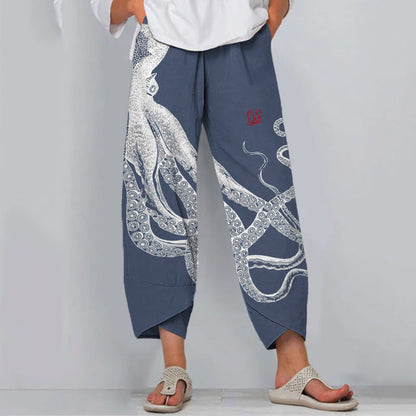 Women's Octopus Print Wide Leg Pants – Relaxed Fit Lightweight Casual Summer Trousers