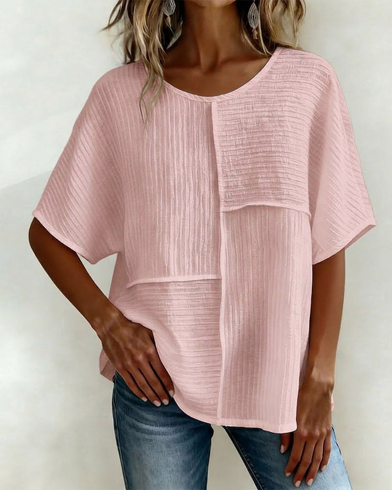 Women's Textured Patchwork Top with Round Neck and Short Sleeves