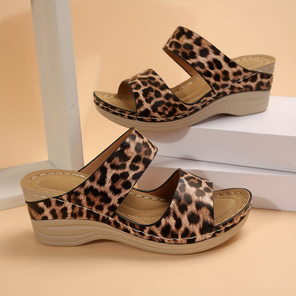 Women's Leopard Print Wedge Slide Sandals with Cushioned Insole