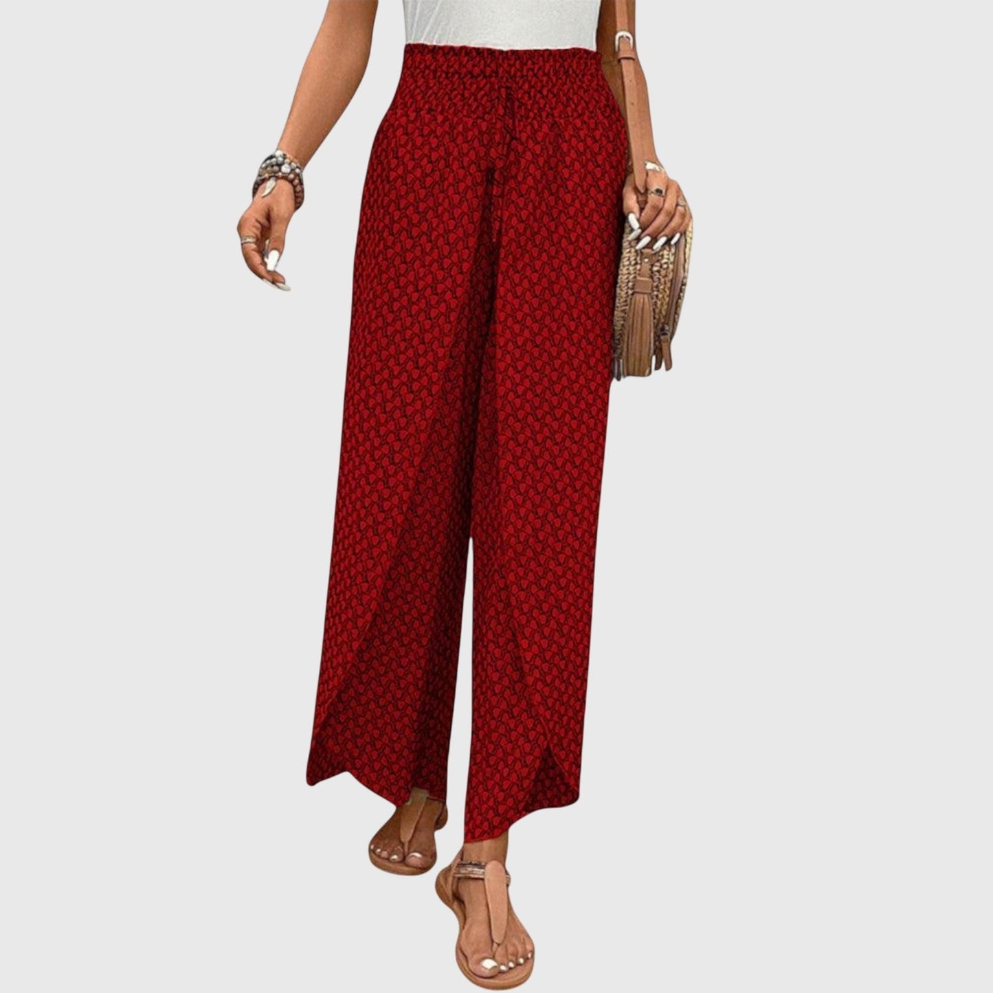 Women’s Wide Leg Printed Pants with Pull-On Waist and Flowing Fit