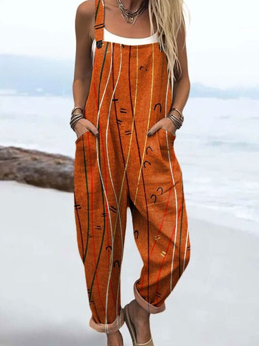 Women's Abstract Print Wide Leg Jumpsuit with Pockets – Loose Fit Summer Overalls