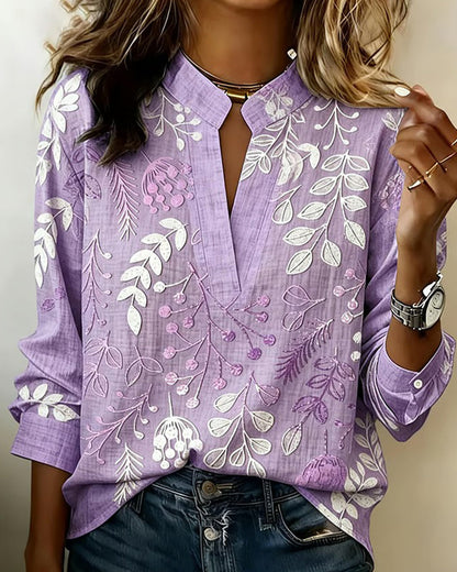Women's Floral Embroidered V-Neck Blouse with Long Sleeves
