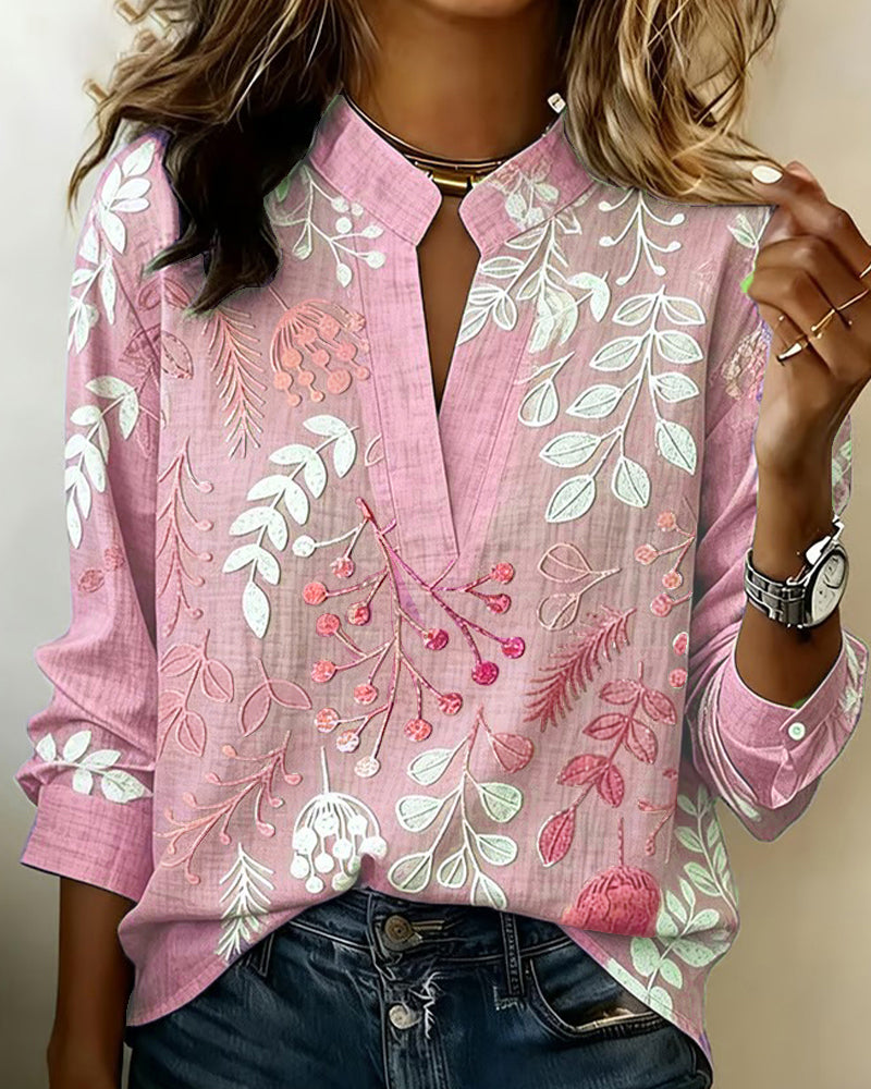 Women's Floral Embroidered V-Neck Blouse with Long Sleeves