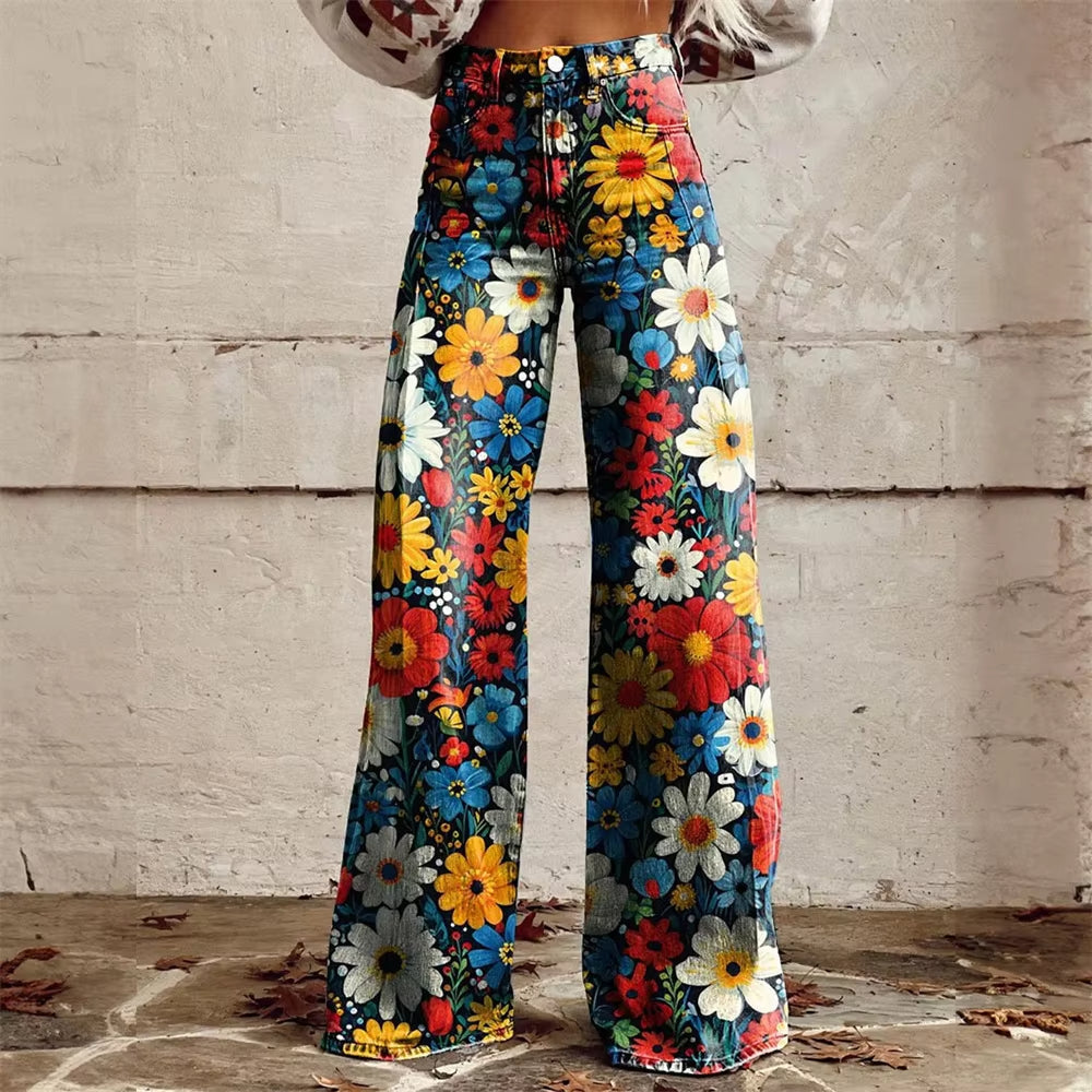 Women's Floral Wide Leg Jeans – High Waist Flared Fit Stretch Denim Pants