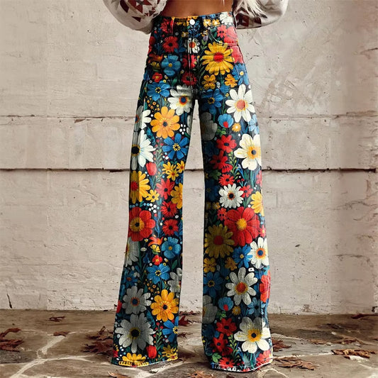 Women's Floral Wide Leg Jeans – High Waist Flared Fit Stretch Denim Pants
