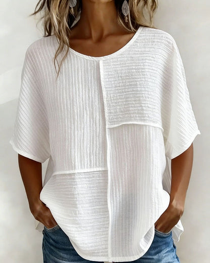 Women's Textured Patchwork Top with Round Neck and Short Sleeves