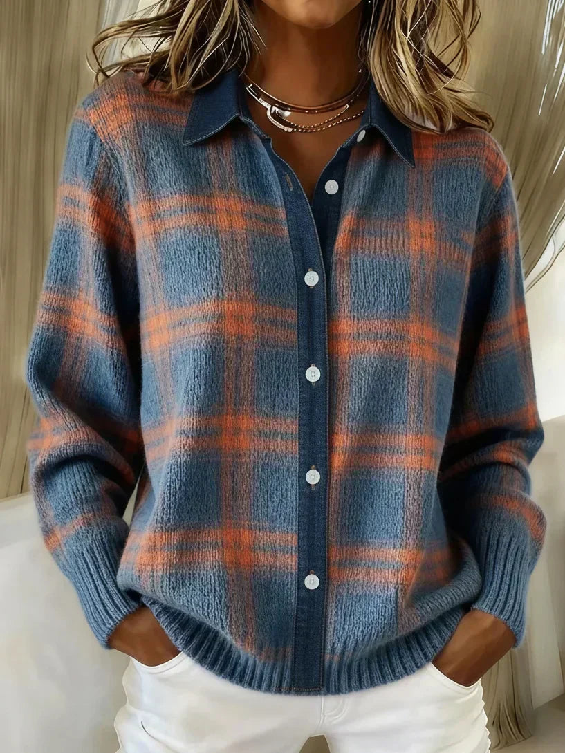 Classic Plaid Knit Button Shirt for Women