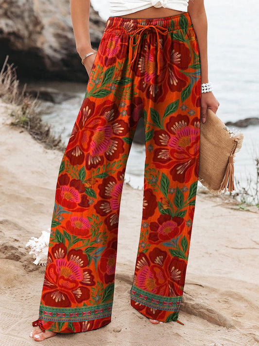Women’s Boho Floral Wide Leg Pants with Drawstring Waist