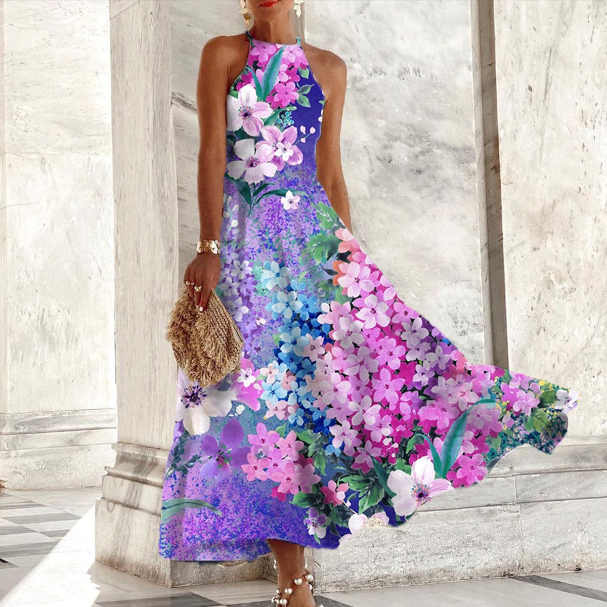 Floral Halter Neck Maxi Dress for Women