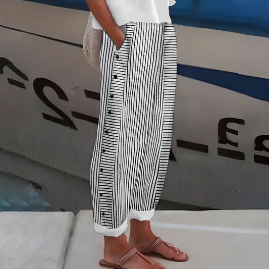 Women’s Striped Linen Pants with Elastic Waist and Button Detail