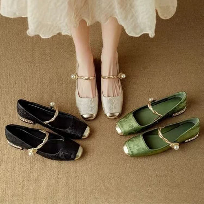 Women’s Mary Jane Flats with Pearl Strap and Metallic Toe Cap