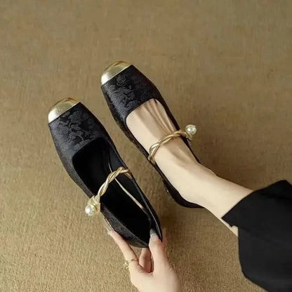 Women’s Mary Jane Flats with Pearl Strap and Metallic Toe Cap