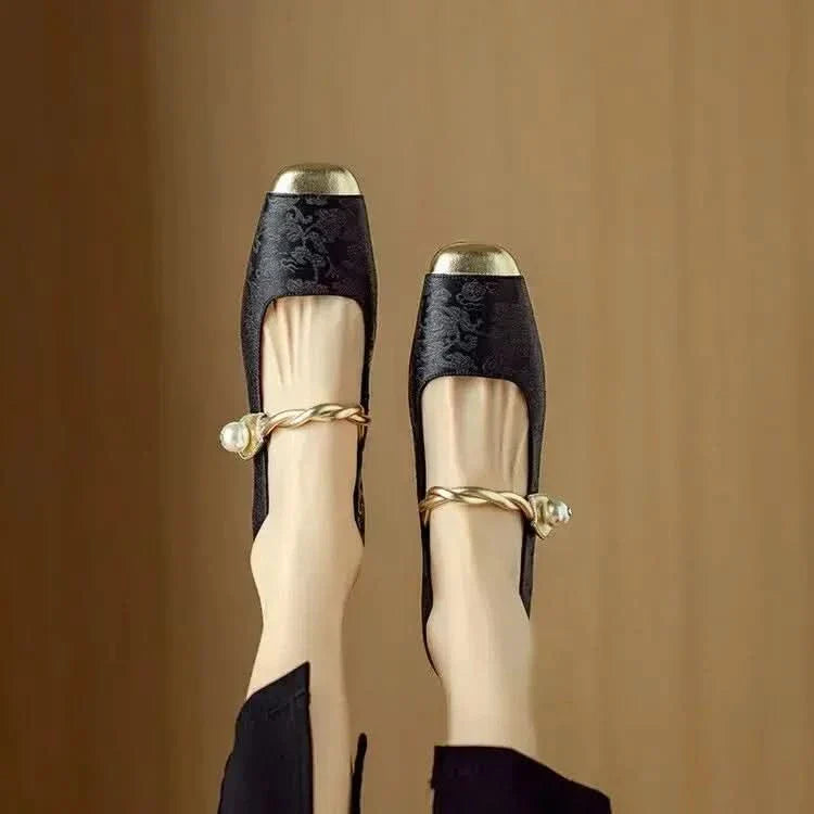 Women’s Mary Jane Flats with Pearl Strap and Metallic Toe Cap