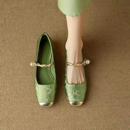 Women’s Mary Jane Flats with Pearl Strap and Metallic Toe Cap