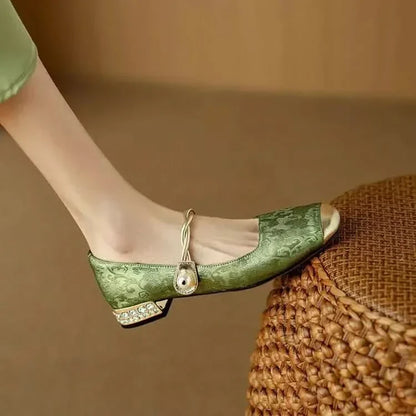 Women’s Mary Jane Flats with Pearl Strap and Metallic Toe Cap