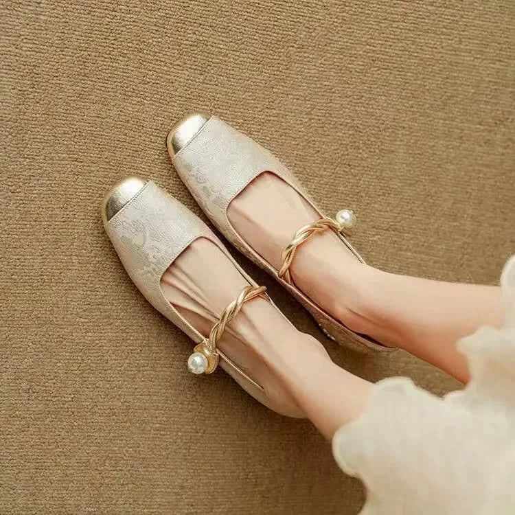 Women’s Mary Jane Flats with Pearl Strap and Metallic Toe Cap