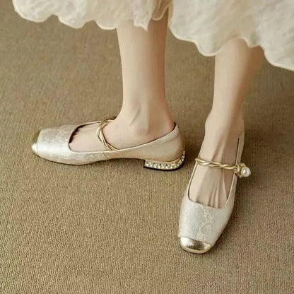 Women’s Mary Jane Flats with Pearl Strap and Metallic Toe Cap
