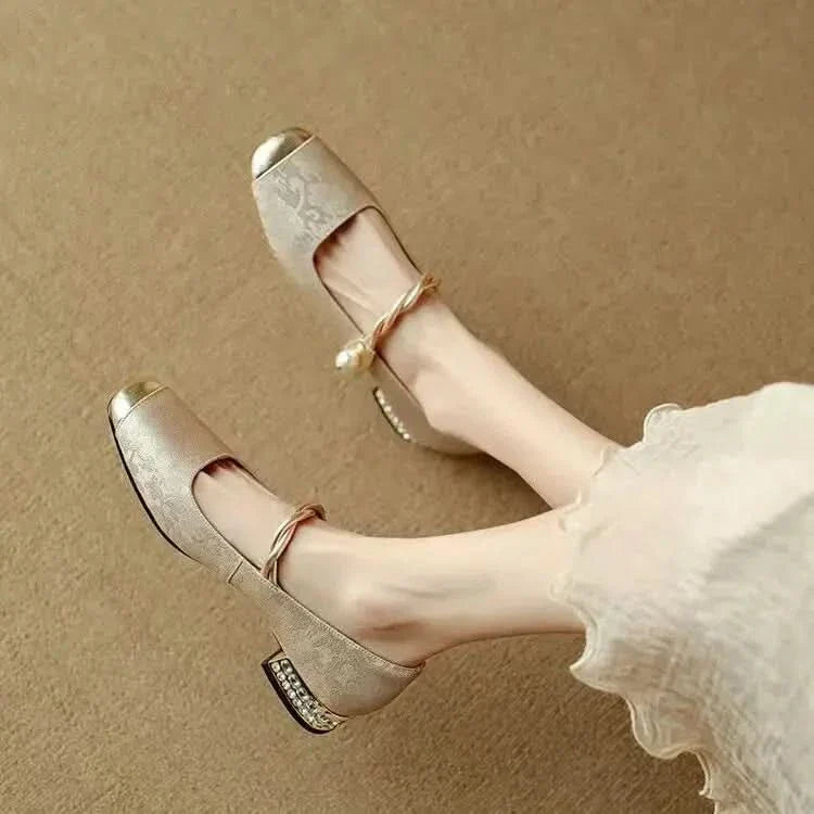 Women’s Mary Jane Flats with Pearl Strap and Metallic Toe Cap