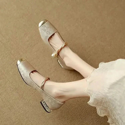 Women’s Mary Jane Flats with Pearl Strap and Metallic Toe Cap