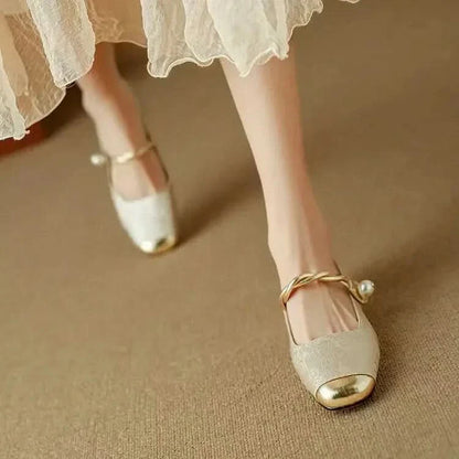 Women’s Mary Jane Flats with Pearl Strap and Metallic Toe Cap