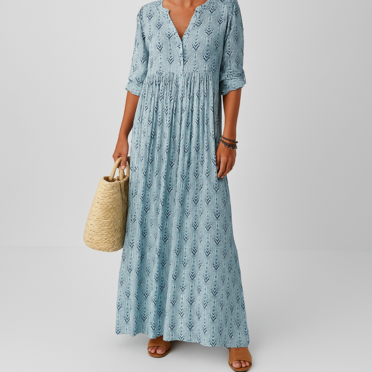 Women’s Boho Print V Neck Long Sleeve Summer Maxi Dress