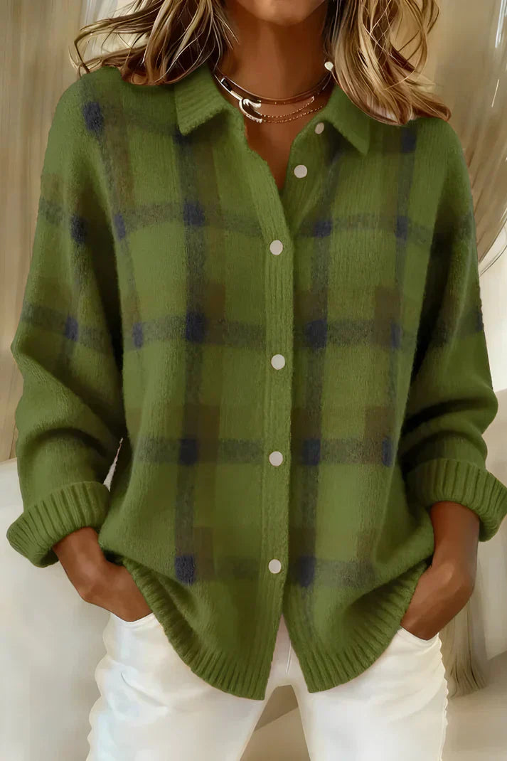 Classic Plaid Knit Button Shirt for Women