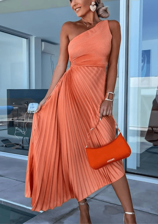 Women’s One Shoulder Pleated Elegant Flowing Evening Midi Dress