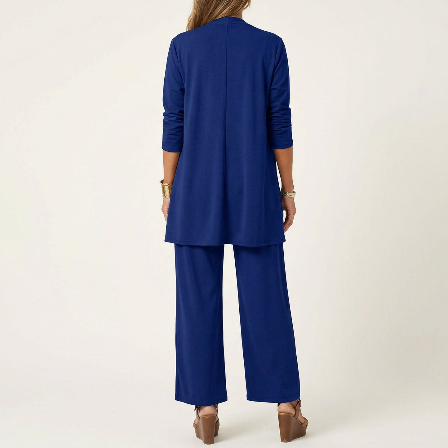 Women's Three Piece Set with Cardigan Top and Wide Leg Pants Elegant Outfit