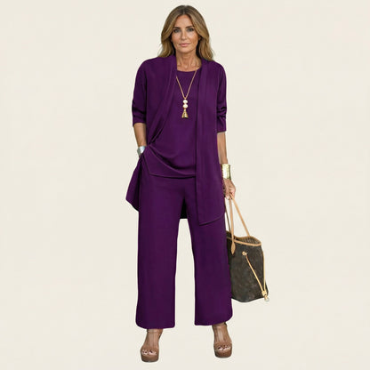 Women's Three Piece Set with Cardigan Top and Wide Leg Pants Elegant Outfit