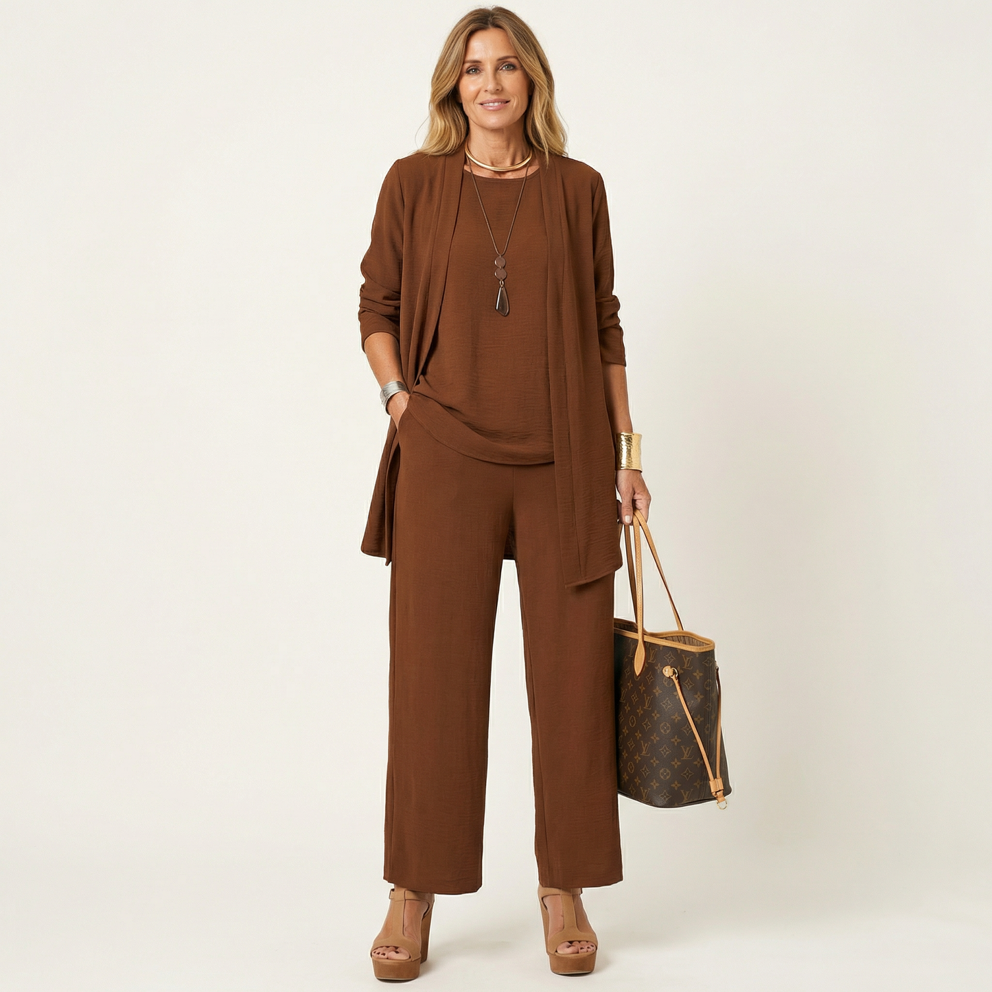 Women's Three Piece Set with Cardigan Top and Wide Leg Pants Elegant Outfit