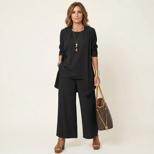 Women's Three Piece Set with Cardigan Top and Wide Leg Pants Elegant Outfit