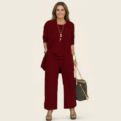 Women's Three Piece Set with Cardigan Top and Wide Leg Pants Elegant Outfit