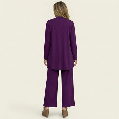 Women's Three Piece Set with Cardigan Top and Wide Leg Pants Elegant Outfit