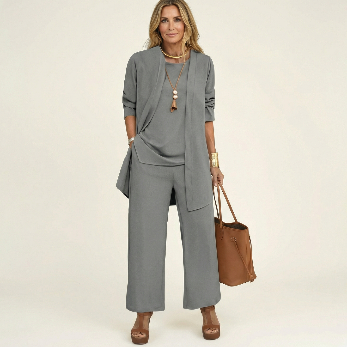 Women's Three Piece Set with Cardigan Top and Wide Leg Pants Elegant Outfit
