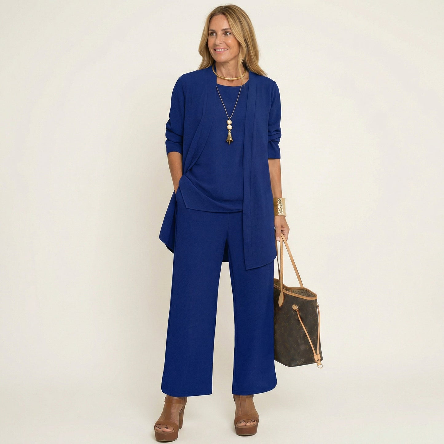 Women's Three Piece Set with Cardigan Top and Wide Leg Pants Elegant Outfit